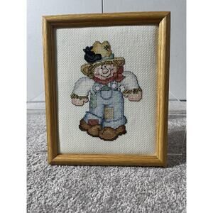Cute Vintage Wood Framed Cross Stitch Scarecrow Picture 7.5" x 9"